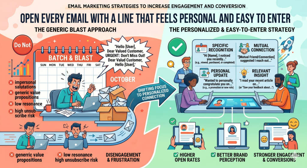 After the subject line gets the open, the first line decides whether the reader keeps going. Many brands waste this moment. They start with a dull greeting, a long setup, or a company-focused announcement.