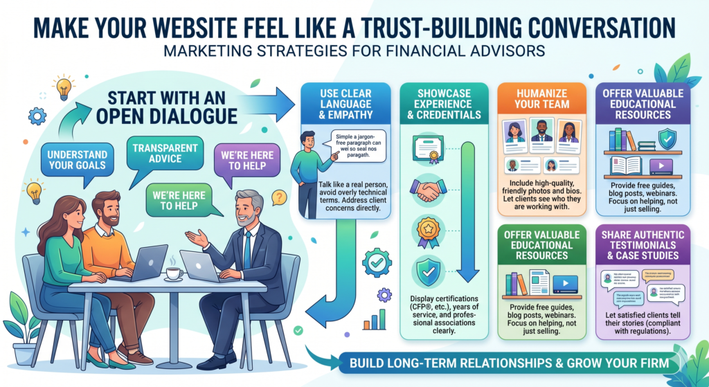 A good financial advisor website should answer the quiet questions people have in their heads. Can I trust this advisor? Do they understand my situation? Are they experienced with people like me? What will happen if I reach out? Will I be pressured? Will I feel judged? Can they explain things in a way I understand?