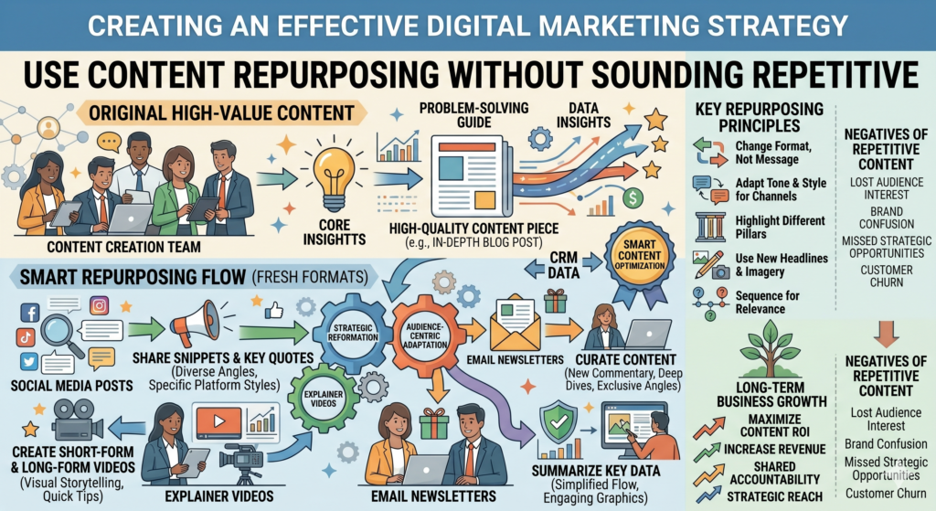 Creating fresh content all the time can drain your team. But that does not mean you need to start from zero every day. A smart strategy uses content repurposing. This means taking one strong idea and turning it into different formats for different channels.