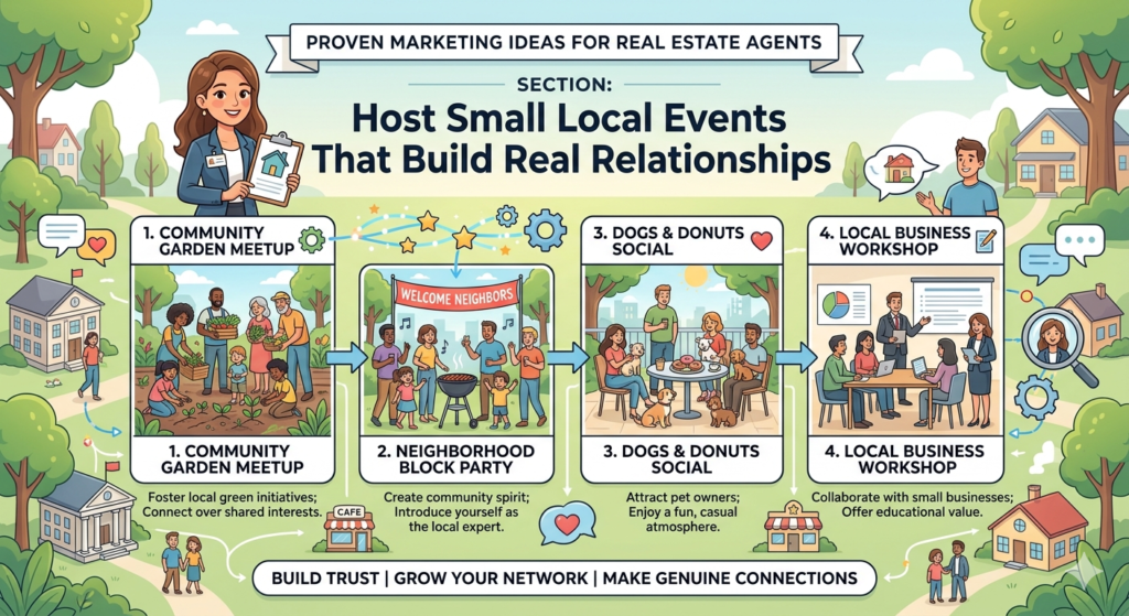 Events can be powerful for real estate agents, but they do not need to be large, expensive, or formal. In many cases, smaller events work better because they create real conversations. A room full of twenty good local contacts can be more valuable than a large event where nobody remembers you.