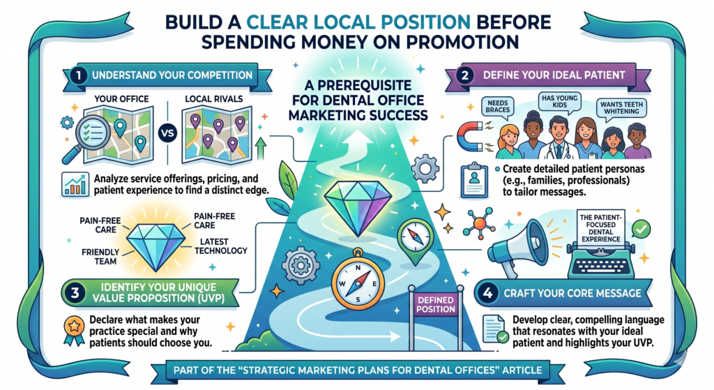 Positioning means the clear place your dental office owns in the mind of the patient. It answers the patient’s quiet question, “Why should I choose this office instead of another one near me?”