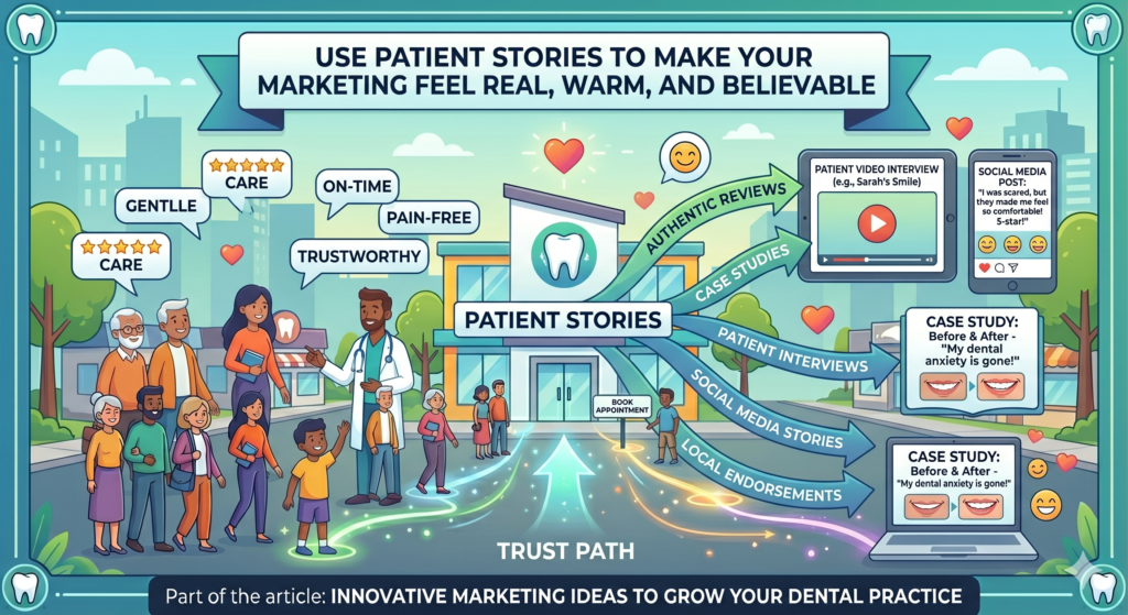 Your dental practice can say, “We offer gentle care,” but a patient story makes that promise feel real. When someone reads about a nervous patient who avoided the dentist for years and finally felt calm in your chair, they can picture themselves doing the same. When a parent sees another parent talk about how easy the first visit was for their child, the fear goes down.