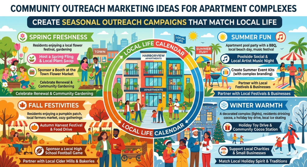 Seasonal campaigns work because they connect your apartment complex to what people are already thinking about. In spring, people think about fresh starts. In summer, they think about outdoor fun and moving. In fall, they think about school, routines, and comfort. In winter, they think about holidays, warmth, and convenience.