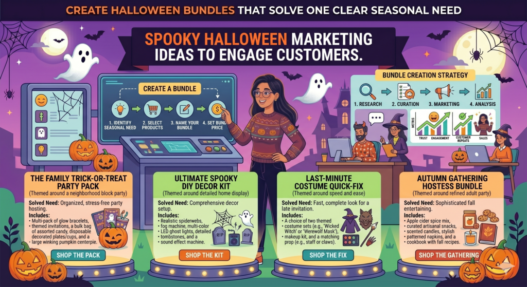 Bundles are powerful during Halloween because customers are often shopping for a specific moment. They may need party supplies, gifts, costumes, snacks, home decor, beauty items, pet outfits, or last-minute event help. A bundle saves them time.