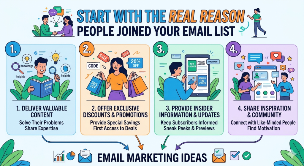 A subscriber does not join your list because they want “updates.” That is too vague. They join because they want something. They may want a discount. They may want a guide. They may want help solving a problem. They may want ideas, proof, answers, or a faster way to make a buying choice.