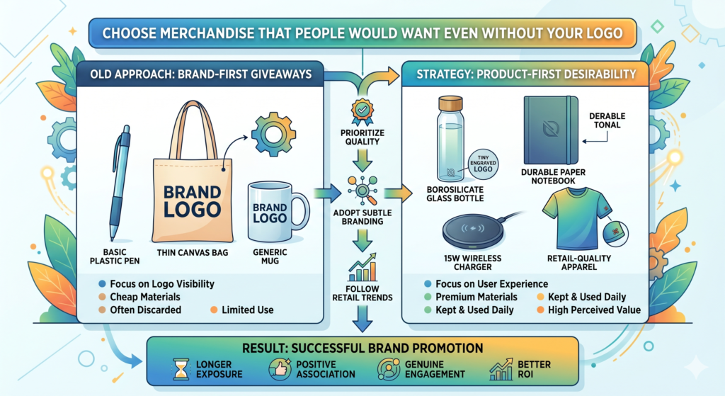 If people would not want it without your logo, your logo will not save it. In fact, the logo may make it even less appealing if the item already feels cheap or useless.