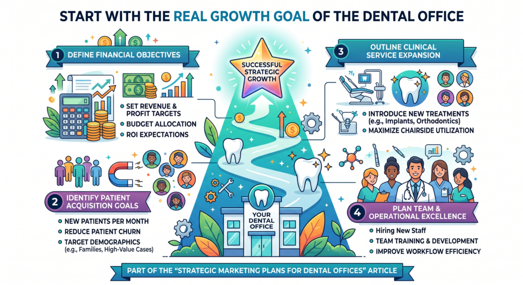 A strategic marketing plan for a dental office should never start with social media, ads, or website design. It should start with the real business goal. This may sound basic, but it is where many dental offices make their first mistake.