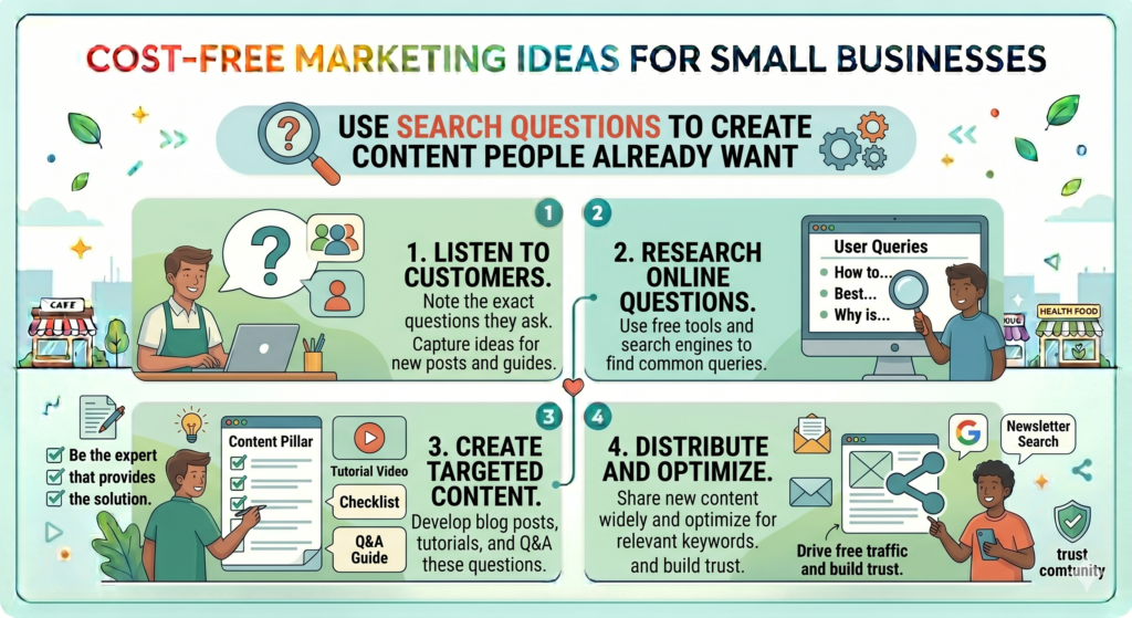 Free marketing works best when you stop guessing and start answering questions people are already asking. Search-based content is powerful because it meets people at the moment they are looking for help.