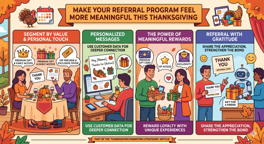 Referral campaigns can feel very sales-driven if they are handled the wrong way. Many brands say, “Give your friend a discount and get one too.” That can work, but it does not always feel warm. Thanksgiving gives you a better angle.