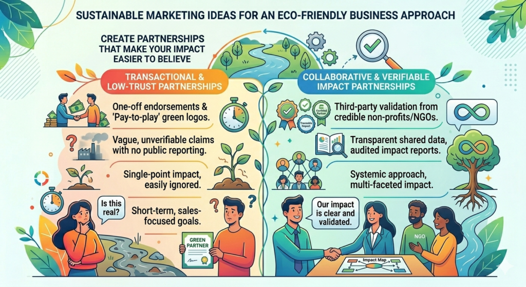 Partnerships can make sustainable marketing much stronger, especially when customers are still learning to trust your brand. A good partner can add proof, reach, and practical value. But the partner must make sense. It should not feel like two brands joined forces only to look good online.