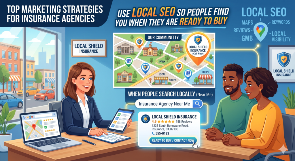 Searches like “insurance agency near me,” “home insurance agent in Dallas,” “business insurance broker near me,” and “life insurance agent in Tampa” can bring high-intent leads. These are not casual visitors. These are people already looking for help.