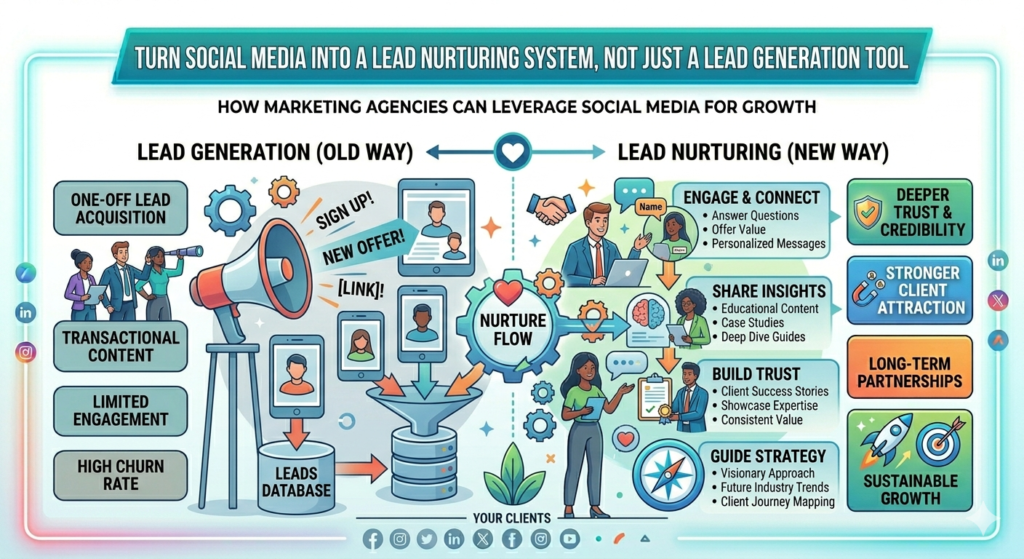 Social media can create leads, but its deeper power is nurturing. It can help people move from not knowing your agency, to noticing your thinking, to trusting your work, to believing you may be the right partner.