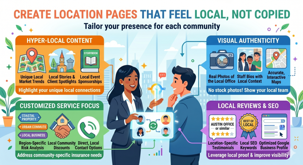 The wrong way is to create dozens of thin location pages that all say the same thing with only the city name changed. That kind of page does not help the reader. It also makes your agency look lazy.