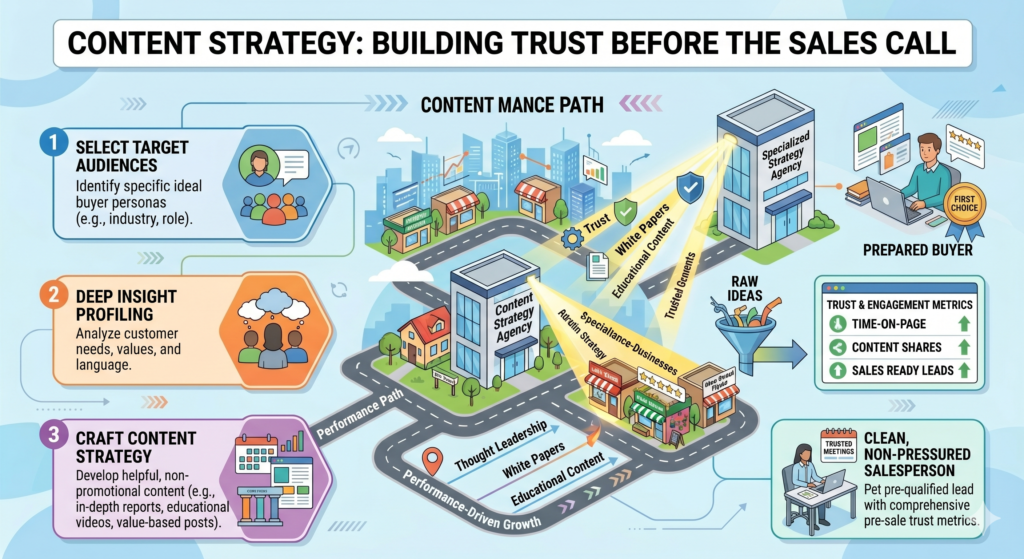 This concept works well because many businesses know they need content, but they do not know what to say, where to say it, or how to turn content into leads. They may publish blogs, LinkedIn posts, videos, or emails, but the work often feels random. It does not guide the buyer toward a decision.