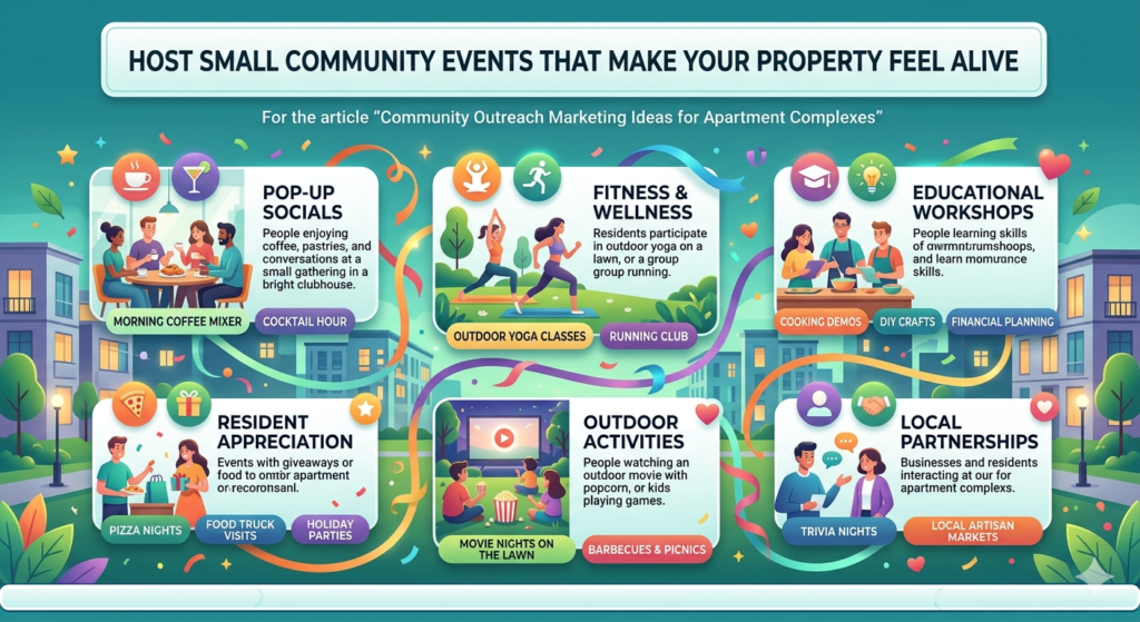 Apartment tours show the unit. Community events show the lifestyle. That is why events can be so effective for outreach. They let prospects experience the property in a relaxed way, without the pressure of a sales appointment.