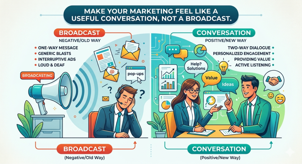 They push messages out. They announce services. They talk about themselves. They publish content without listening. This may create noise, but it rarely creates deep attention.