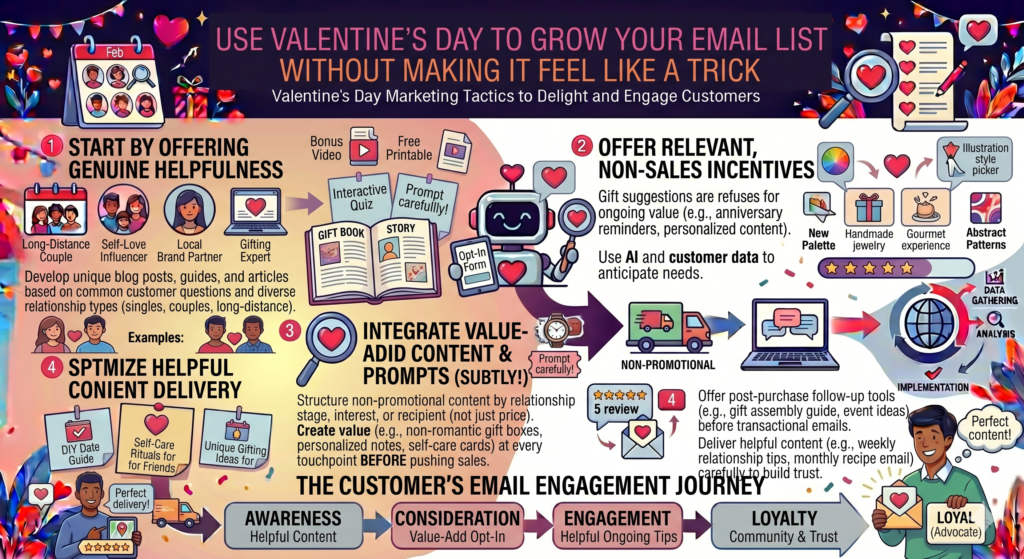 Valentine’s Day can bring a lot of new visitors to your site. Some will buy right away. Many will not. If you do not capture some of that interest, you lose a large part of the campaign value.