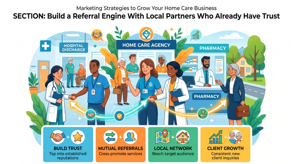 Online marketing is important, but home care is still a relationship business. Many families first hear about care from someone they already trust. That person may be a doctor, nurse, social worker, discharge planner, elder law attorney, physical therapist, senior living manager, church leader, or local senior center staff member.