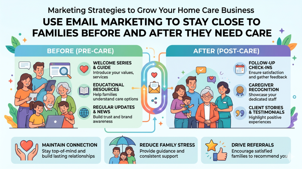Email marketing is often ignored by home care agencies, but it can quietly create strong growth. Not every family is ready to start care the first time they visit your site or speak with your team. Some are still thinking. Some are waiting for a parent to agree. Some are watching a situation get worse over time.
