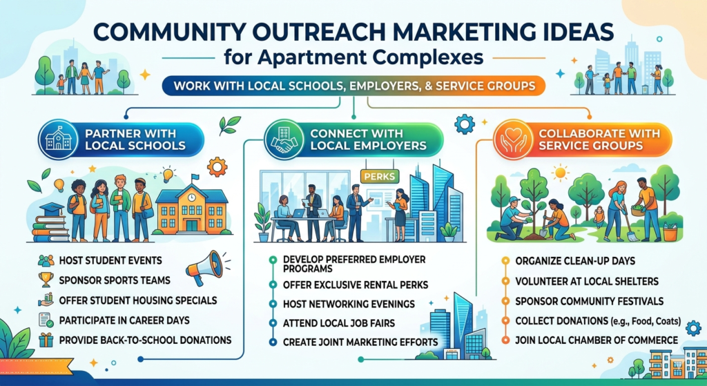 Some of the best renter leads come from trusted local networks. Schools, hospitals, large employers, churches, nonprofits, and service groups are often connected to people who are moving, starting new jobs, changing life stages, or helping others find housing.