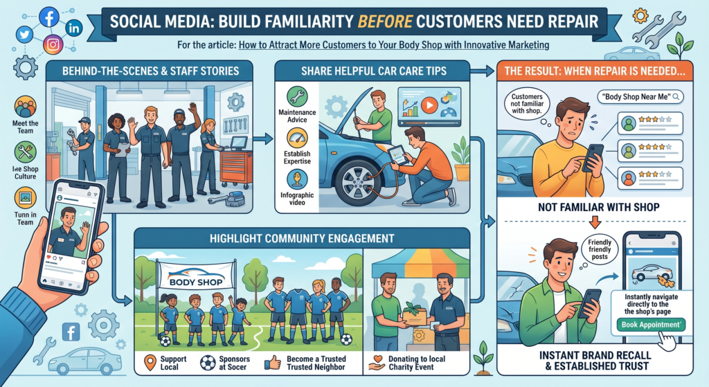 Social media may not always bring immediate leads for a body shop, but it is still valuable. It helps people remember your name. It shows your work. It gives your shop a human face. It builds local familiarity before the customer needs you.