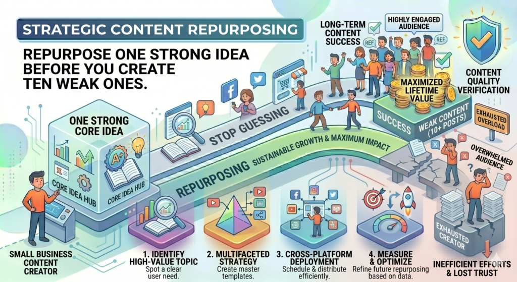 One of the most common mistakes in digital marketing is treating every platform like it needs a brand-new idea. The business writes a blog post, then forgets about it. It records a video, then lets it disappear after one day. It sends a useful email, but never turns that idea into a social post, a website section, or a short guide.
