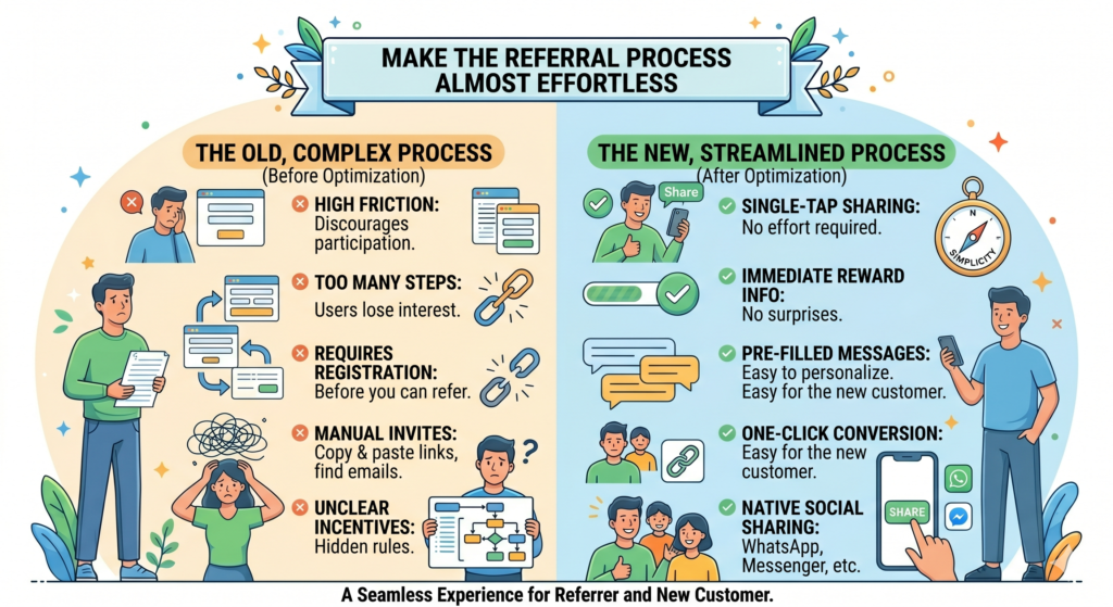This is where many businesses lose easy growth. They create a good offer, but the steps are messy. Customers have to log in, search for a link, read too many terms, fill out a form, or explain too much to a friend. Each small point of friction lowers the chance of action.