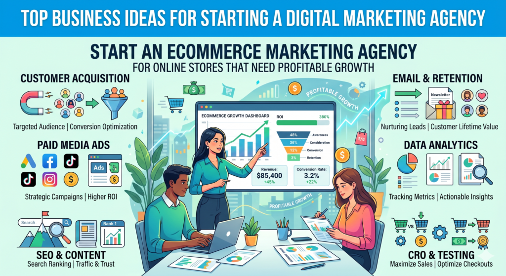An ecommerce marketing agency helps online stores get more sales, improve repeat purchases, and grow profitably. This is one of the most popular agency ideas because ecommerce brands often need help across many parts of the customer journey.