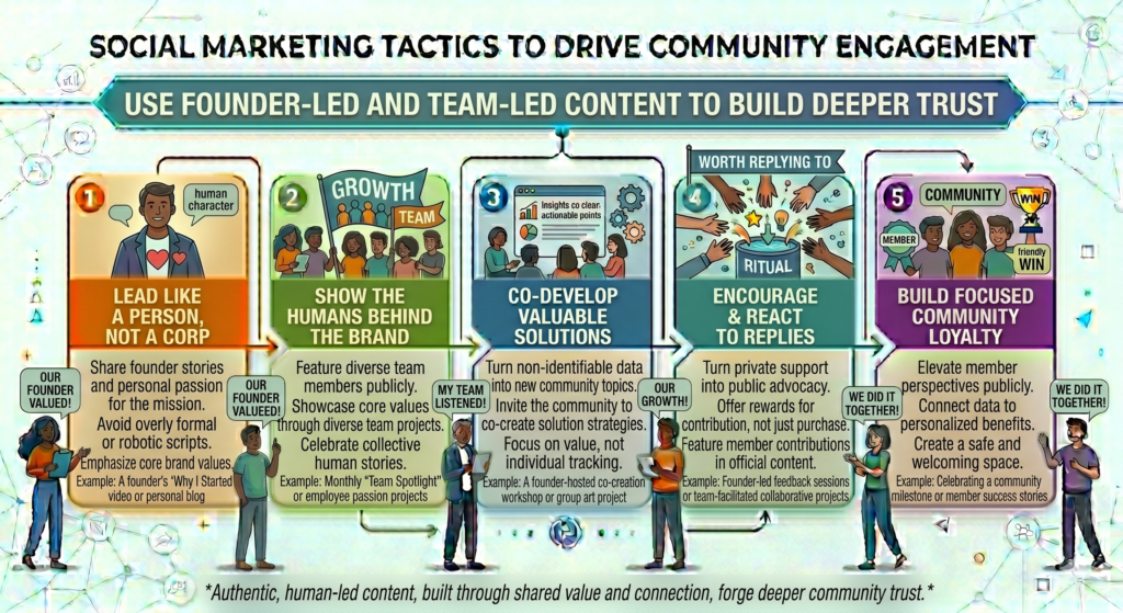 A founder can share vision, hard lessons, strong beliefs, and honest reflections. A strategist can share practical advice. A community manager can share audience patterns. A designer can explain creative choices. A customer success lead can share what customers ask most often.