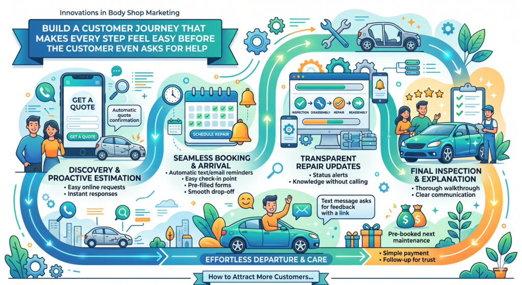 The strongest body shop marketing does not stop when someone clicks, calls, or walks in. That is only the start. If you want more customers, you need to think about the full journey from the first moment a driver notices your shop to the moment they pick up their repaired car and tell someone else about you.