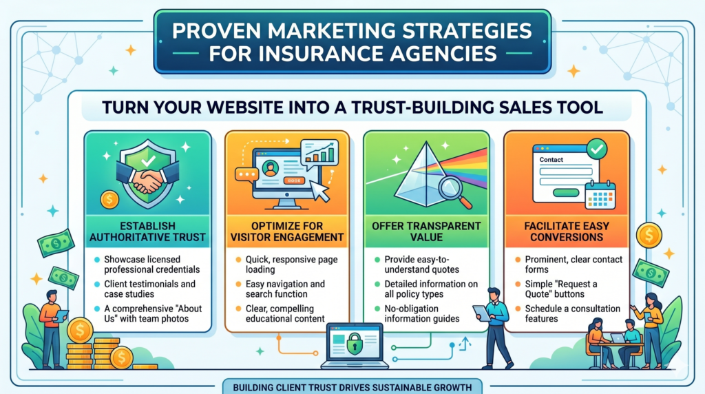 Your website should not be a digital brochure. It should act like your best producer when no one is available to answer the phone. It should explain what you do, who you help, why people trust you, and what someone should do next.