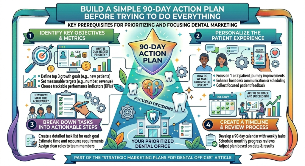 A full dental marketing strategy can feel large. There is local SEO, website work, reviews, ads, social media, content, follow-up, referrals, tracking, and team training. If the office tries to fix everything at once, nothing gets done well.