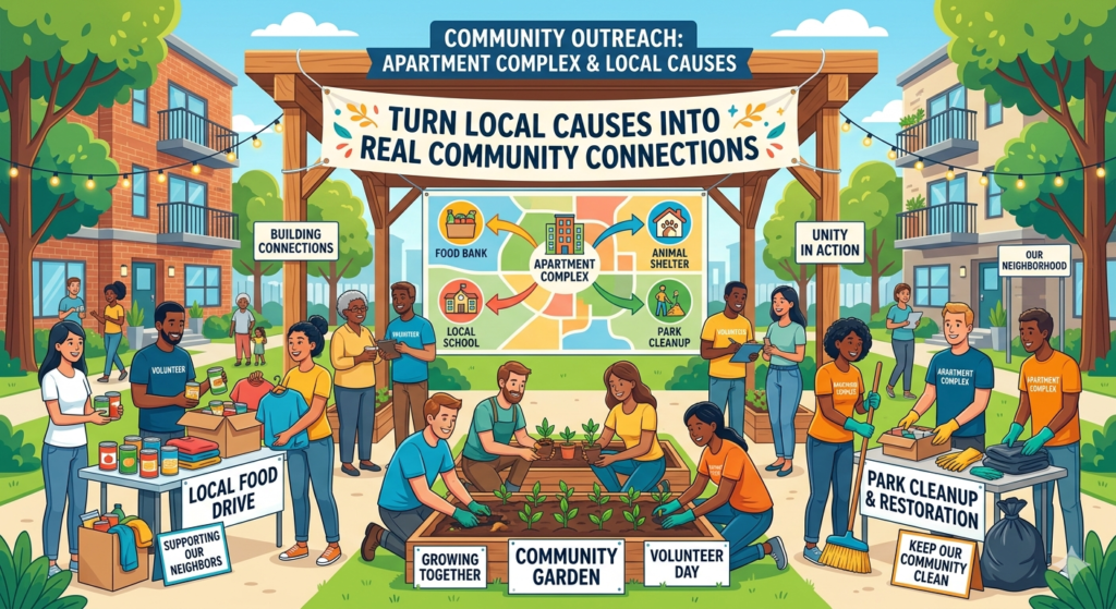 Cause-based outreach can be powerful, but only when it is sincere. Renters can tell when a property is using a cause only for attention. The goal should be to support something that matters locally and invite residents and neighbors to take part.
