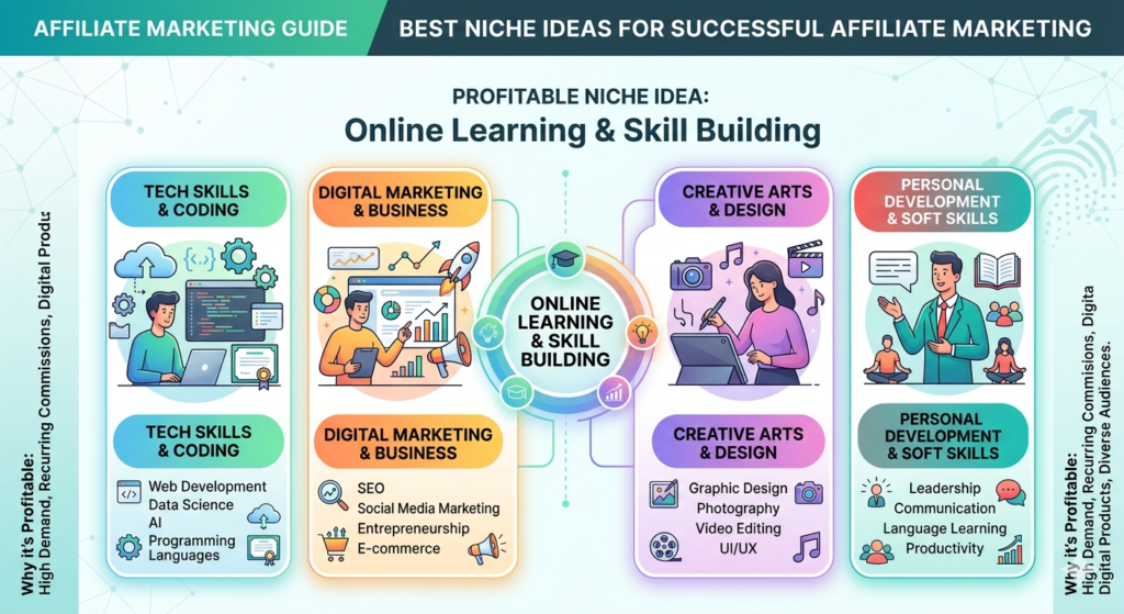 This niche can include online courses, learning platforms, language apps, coding schools, design courses, writing programs, career certificates, coaching programs, and study tools.