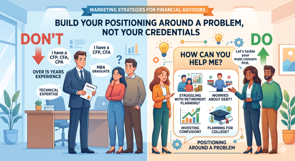 Many financial advisors lead with credentials. They talk about years of experience, licenses, designations, firm history, and planning tools. These things matter, but they should not carry the whole message.