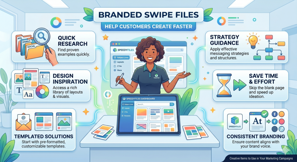 A swipe file is a collection of examples, prompts, lines, angles, or structures that people can use for ideas. In marketing, swipe files are very useful because they help people move faster when they need to write, plan, or create.