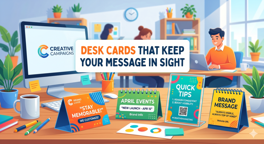 Desk cards are small printed cards designed to sit near a person’s work area. They can be placed on a desk, pinned near a monitor, tucked into a notebook, or kept beside a laptop. They may look simple, but they can be very effective because they stay close to the daily work of your audience.