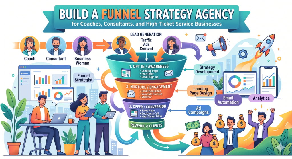 A funnel strategy agency helps businesses turn attention into leads and leads into sales. This is a strong agency idea because many experts are good at what they do, but weak at guiding people toward buying.