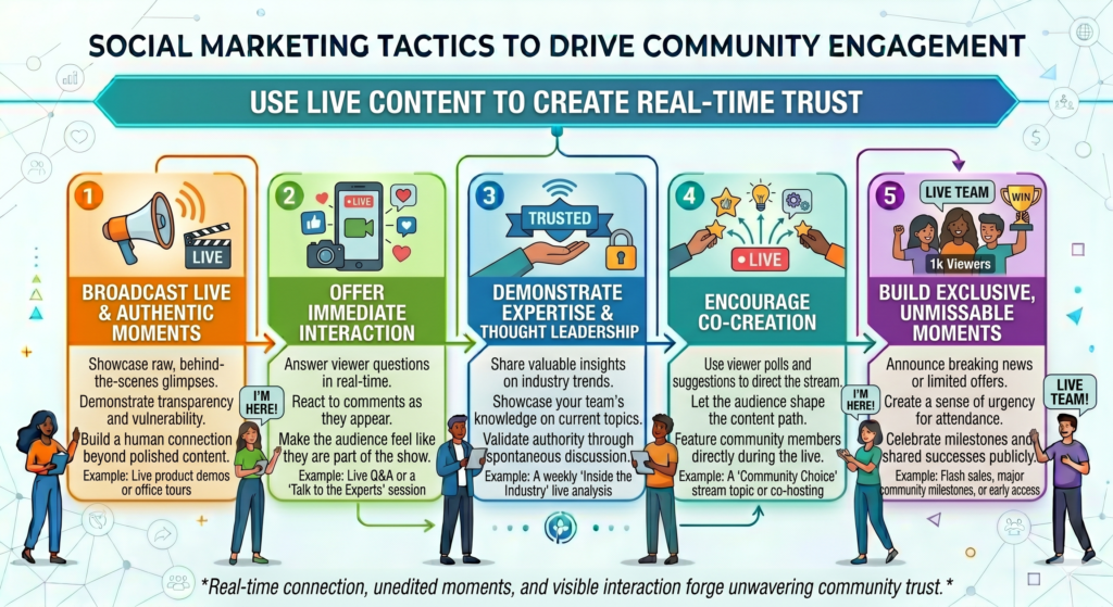 A written post can be useful. A video can be polished. A carousel can be saved. But live content feels immediate. People can ask questions, hear your voice, watch you think, and see how your brand responds without heavy editing.