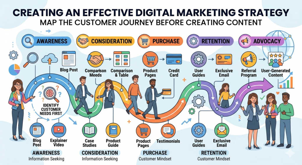 The customer journey is the path a person takes from not knowing you to trusting you enough to act. This path is rarely straight. People may find you through Google, leave, see your post later, join your email list, read a case study, compare you with others, and then book a call weeks later.