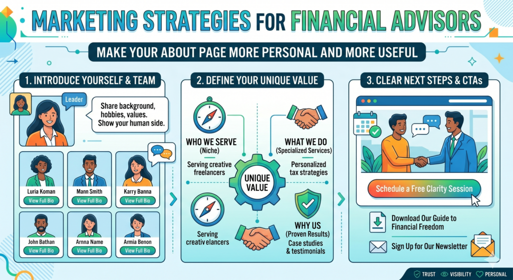 Many advisor about pages are too formal. They list job titles, credentials, years of experience, and a few personal hobbies at the end. That gives information, but it often does not create connection.
