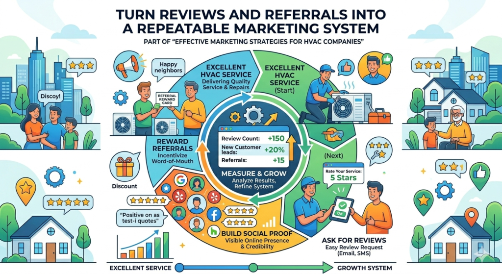 Reviews and referrals are two of the most powerful forms of HVAC marketing because they come from trust. People believe other customers more than they believe ads. They believe neighbors. They believe friends. They believe family members. They believe a local homeowner who says your technician showed up on time and explained everything clearly.