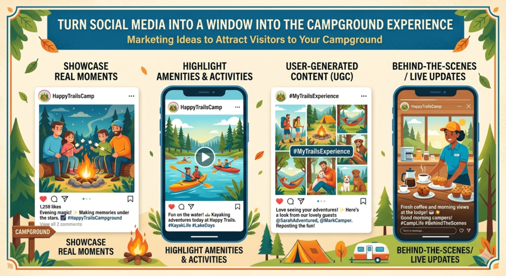 Social media is often where people first feel the personality of your campground. Your website gives them the facts. Your social pages show them the life. They see the campfires, the pets, the foggy mornings, the kids with ice cream, the decorated RVs, the weekend events, the staff smiles, and the tiny moments that make the place feel human.