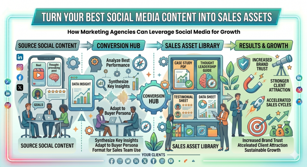 A strong post can do much more than get likes. It can help explain your offer. It can answer a sales objection. It can support a proposal. It can help a prospect understand why your method is different. It can give your sales team a simple way to say, “Here is how we think about this problem.”