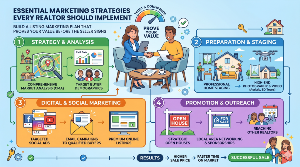 Many sellers think all agents do the same thing. They believe the agent takes photos, puts the home online, holds an open house, and waits. If your marketing looks the same as every other agent’s plan, the seller may choose based on commission, friendship, or who gives the highest suggested price.