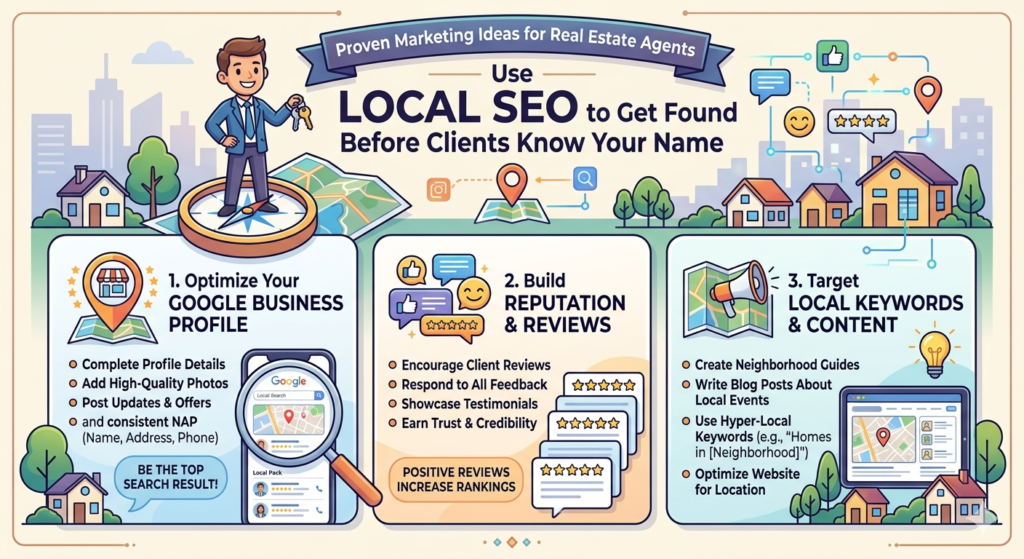Real estate clients often begin with search. They search for homes, neighborhoods, market updates, school areas, moving tips, selling steps, and agents near them. If you are not showing up for local searches, you are invisible to many people who may need your help soon.