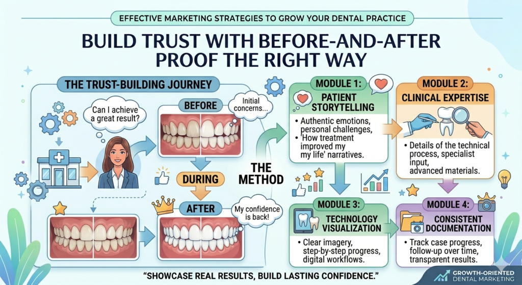 Before-and-after proof can be very powerful in dental marketing, especially for cosmetic dentistry, Invisalign, implants, crowns, veneers, whitening, and full-mouth cases. Patients want to see what is possible. They want to know whether your work looks natural. They want confidence before they book.