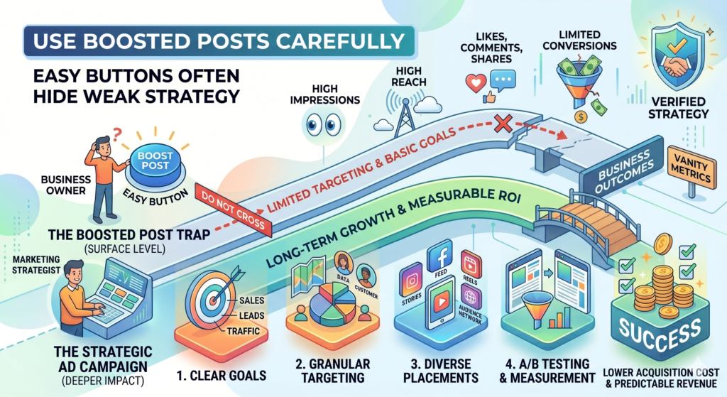 Many business owners see the “boost” button on Facebook or Instagram and use it because it is simple. A post is doing well, so they add some money behind it. This can help more people see the post, and Meta explains that boosted posts can be used from a Facebook business Page to reach more people.