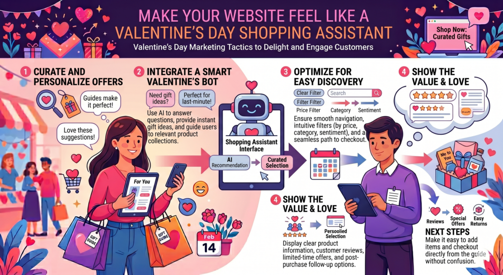 Your website should not just display Valentine’s Day products. It should guide the visitor from “I need something” to “This is the right choice.” That is a big difference. A normal product page makes people browse. A smart Valentine’s Day experience helps people decide.