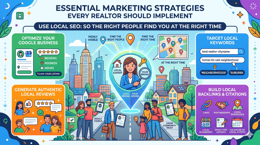 Local SEO is one of the most important marketing strategies for realtors because real estate searches are often tied to a place. People search for agents near them, homes in a town, best neighborhoods in an area, home values in a zip code, and advice about buying or selling in a specific market.